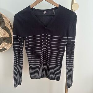 Margaret O’Leary Dark Grey and White Striped 100% Cotton V-Neck Sweater